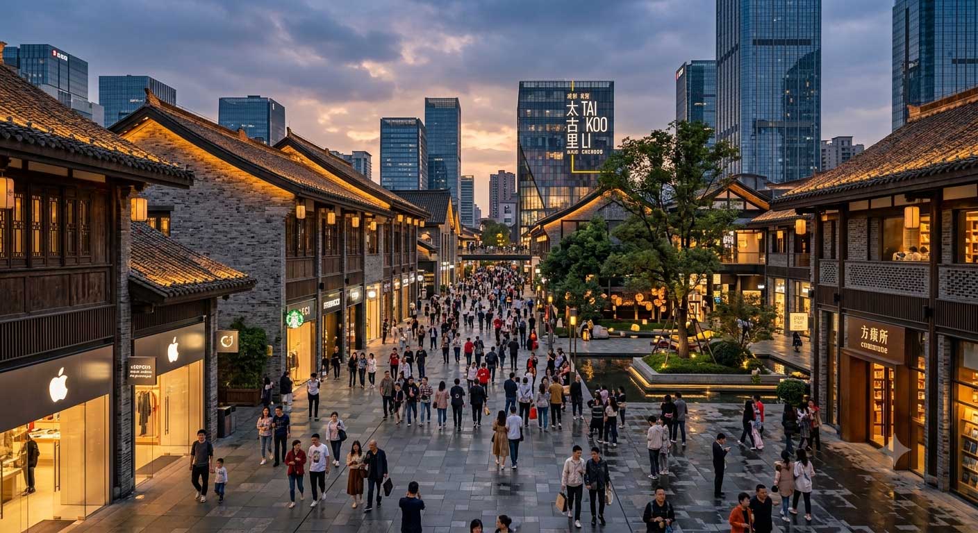 成都太古里川西民居风格商业步行街夜景及海绵城市透水铺装广场 成都太古里川西民居风格商业步行街夜景及海绵城市透水铺装广场