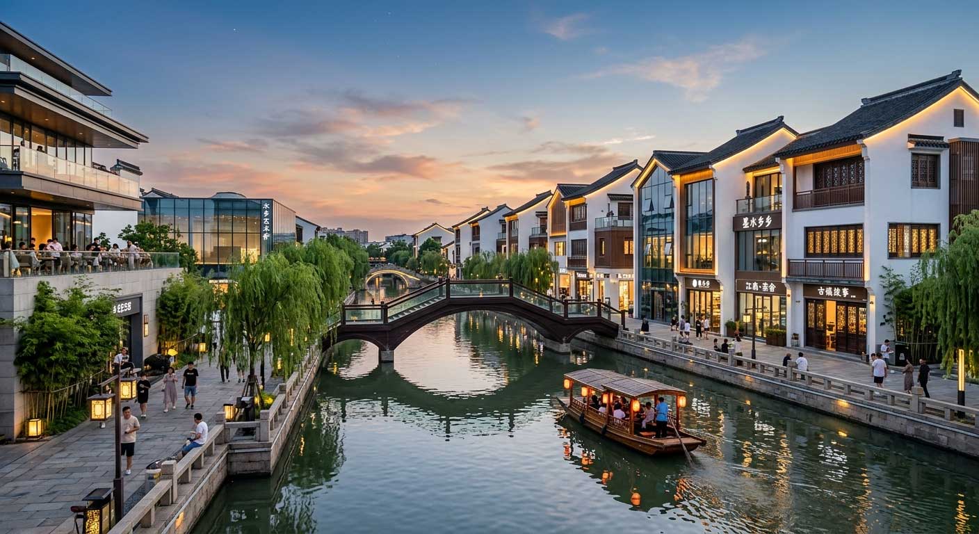 江南水乡现代商业街区河道与古镇建筑实景图:解析高地下水位区域雨水调蓄池抗浮设计 江南水乡现代商业街区河道与古镇建筑实景图:解析高地下水位区域雨水调蓄池抗浮设计