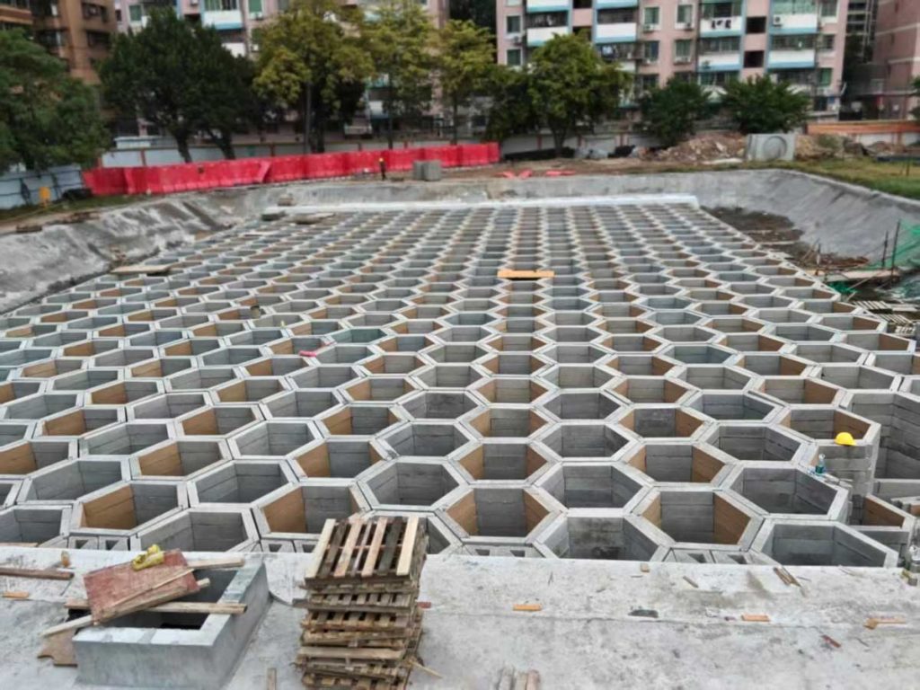 硅砂模块地下蓄水池成型效果,采用高孔隙率的蜂窝几何结构设计