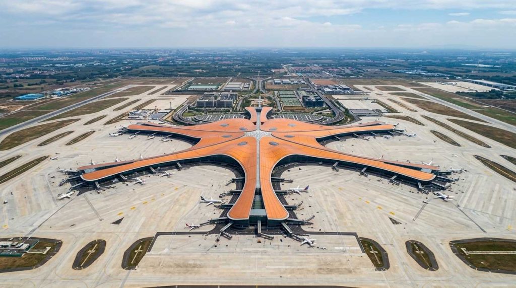 北京大兴国际机场航拍图。其独特的放射状“海绵工程”设计旨在实现全场域雨水调蓄,有效应对极端降雨天气