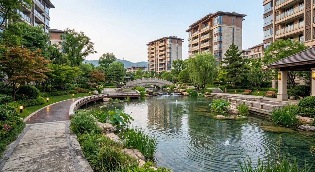 拥有配套水体景观的高端小区展示,可以通过雨水收集系统的联动来大幅节约成本