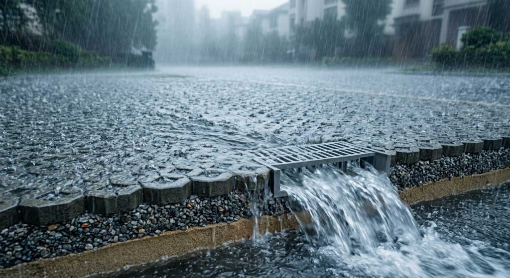透水铺装配合雨水收集系统,可以在暴雨下快速排水,防止内涝