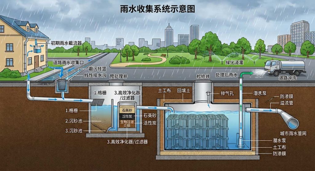 雨水收集系统示意图，展示了从弃流过滤到深度净化的全部流程